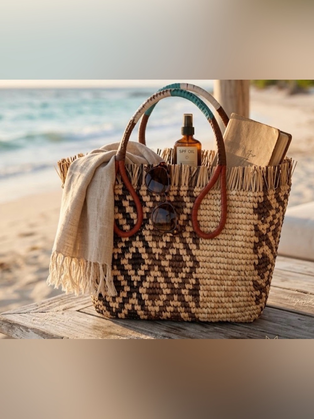 Sensi Studio Woven Patterned Straw Tote with Leather Handles OS Medium
